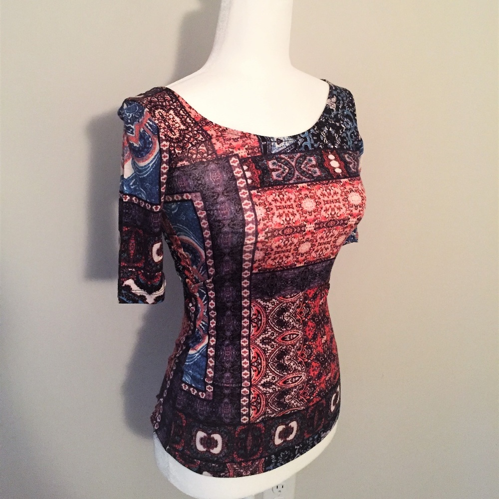 Colorful Patterned Quarter-Sleeve Top